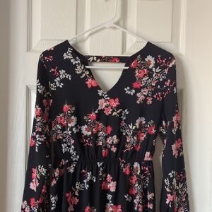 LOFT Black Dress with Pink Floral Design